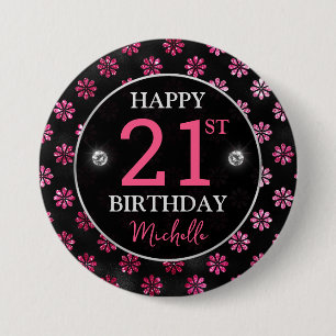 Elegante roze glitters en zwarte bloemen verjaarda ronde button 7,6 cm