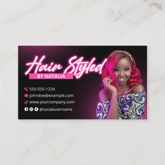 Elegante Roze Glow Hair Stylist Foto Visitekaartje (Voorkant)