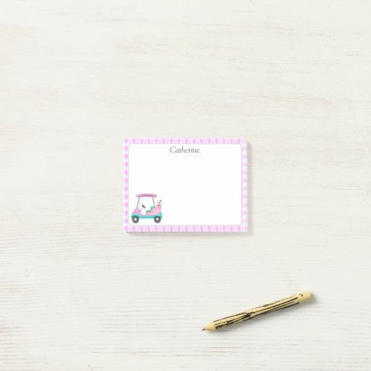 Elegante roze golfkar naam post-it® notes (Op bureau)