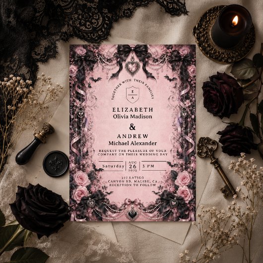 Elegante Roze Gothische Bruiloft Kaart