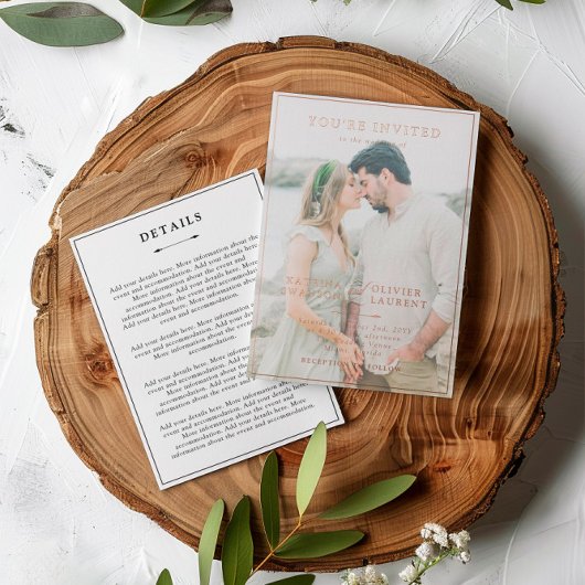 Elegante Roze Goud 2 in 1 Foto Details Bruiloft Folie Uitnodiging