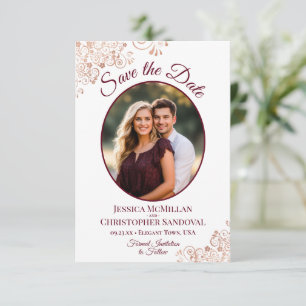 Elegante Roze Goud & Bourgondi Ovale Foto Bruiloft Save The Date