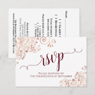 Elegante Roze Goud & Bourgondië Calligrafie Bruilo RSVP Kaartje