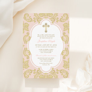 Elegante Roze Goud Damast Doopjurk Baby Meisje Kaart