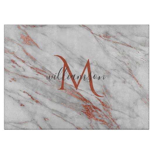 Elegante Roze Goud Koper Wit Marmer Monogram Snijplank (Voorkant)
