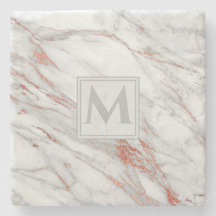 Elegante Roze Goud Koper Wit Marmer Monogram Stenen Onderzetter