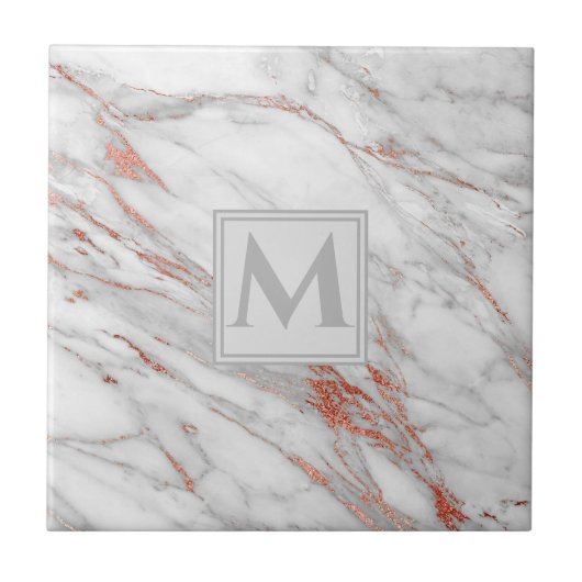 Elegante Roze Goud Koper Wit Marmer Monogram Tegeltje (Voorkant)