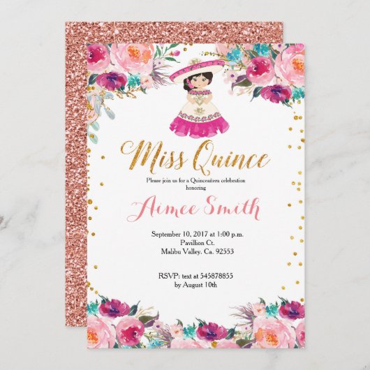 Elegante Roze Goud Mis Quince uitnodiging (Voorkant / Achterkant)