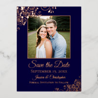 Elegante roze goud op Navy-foto save the date