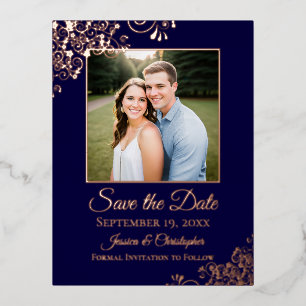 Elegante roze goud op Navy-foto save the date Folie Uitnodiging Briefkaart
