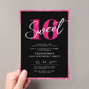 Elegante Roze Goud Roze & Zwarte Sweet 16 Verjaard Acryl Uitnodigingen