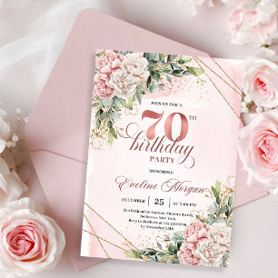 Elegante Roze Goud Stof Roze Bloemen 70 Verjaardag Kaart