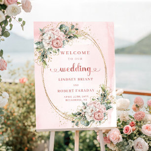 Elegante Roze Goud Stof Roze Bloemige Trouw Welkom Poster
