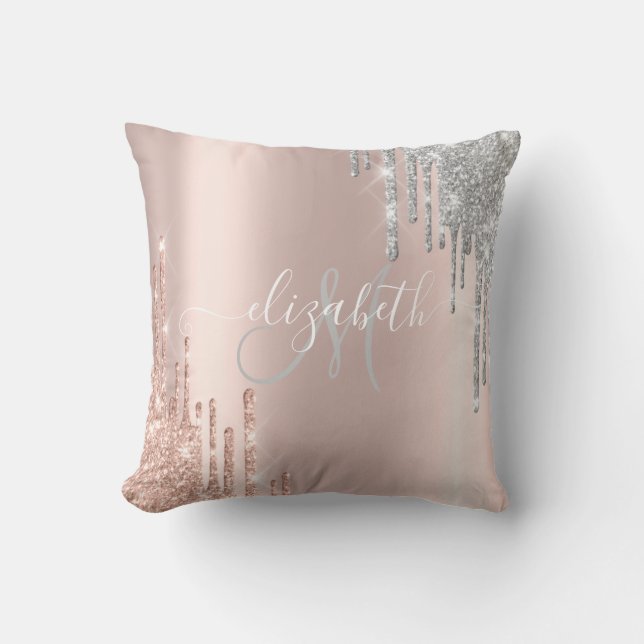 Elegante Roze Goud, Zilveren Glitter Druppels Mono Kussen (Voorkant)