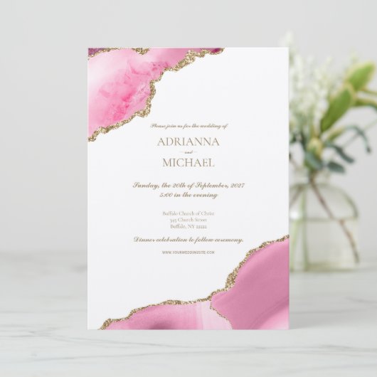 Elegante roze gouden agaat bruiloft uitnodiging (Staand voorkant)