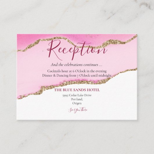 Elegante Roze & Gouden Agaat Steen Bruiloft Recept Informatiekaartje (Voorkant)