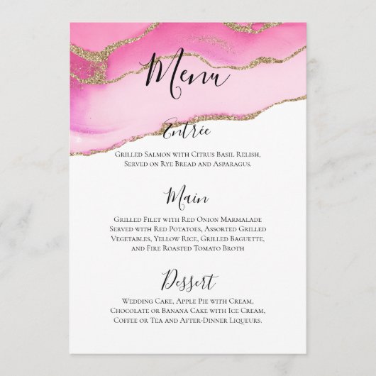 Elegante Roze & Gouden Agaat Steen Bruiloft Recept Menu (Voorkant)