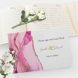Elegante Roze & Gouden Agaat Stone Bruiloft Gastenboek