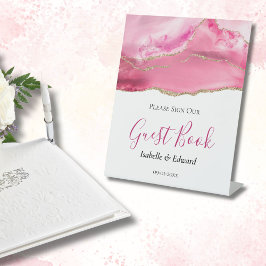 Elegante Roze & Gouden Agaat Stone Bruiloft Reclamebord Met Voetstuk