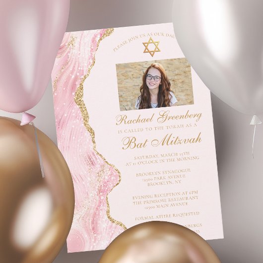 Elegante roze gouden agaat vleermuis mitzvah fotof kaart