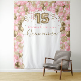 Elegante Roze Gouden Ballonboog Quinceanera Wandkleed