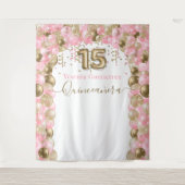 Elegante Roze Gouden Ballonboog Quinceanera Wandkleed (Voorkant)