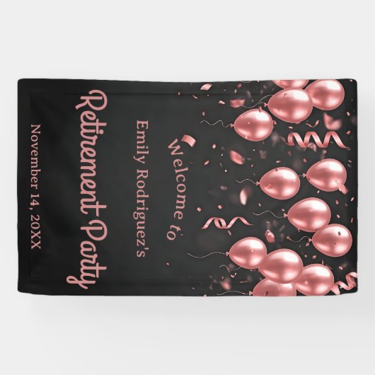 Elegante Roze Gouden Ballonnen Zwarte Pensioenfees Spandoek (Horizontaal)