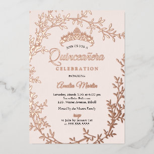 Elegante Roze Gouden Blad Krans Quinceanera Feest Folie Uitnodiging
