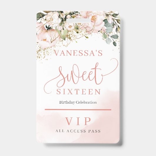 Elegante roze gouden bloem eucalyptus goud zestien badge (Voorzijde)