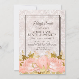 Elegante Roze Gouden Bloem Ivory Damast Koffer Fee Kaart