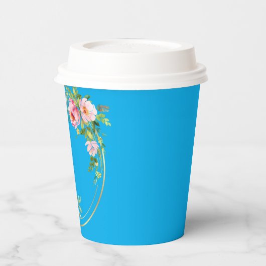 Elegante Roze & Gouden Bloem Krans Papier cup Blau Papieren Bekers (Links)