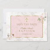 Elegante roze gouden bloemen kruis meisje doop save the date (Voorkant)