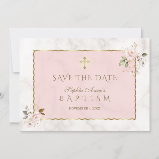Elegante roze gouden bloemen kruis meisje doop save the date (Voorkant)