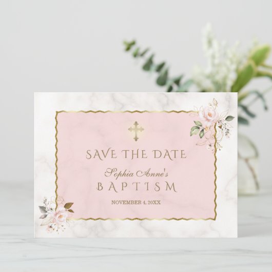 Elegante roze gouden bloemen kruis meisje doop save the date (Staand voorkant)