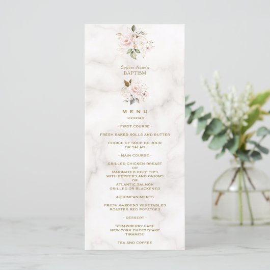 Elegante roze gouden bloemen marmeren doop menu (Staand voorkant)