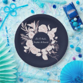 Elegante roze gouden bloemen Navy Blue Trouwen Papieren Bordje (Feest)