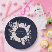 Elegante roze gouden bloemen Navy Blue Trouwen Papieren Bordje (Feest)