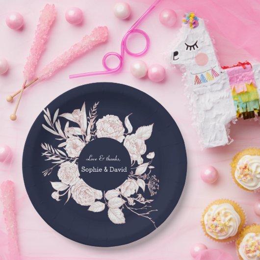 Elegante roze gouden bloemen Navy Blue Trouwen Papieren Bordje (Feest)