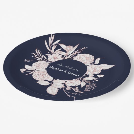 Elegante roze gouden bloemen Navy Blue Trouwen Papieren Bordje (Gekanteld)