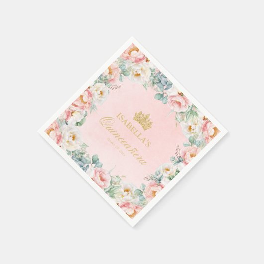 Elegante Roze Gouden Bloemen Quinceañera Party Servet (Hoek)