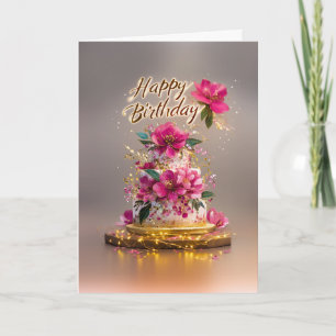 Elegante roze & gouden bloemengeboortecake kaart
