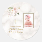 Elegante roze gouden bloemenmeisje foto doopfeest  ronde sticker (Voorkant)