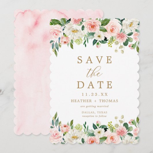 Elegante Roze Gouden Bloemenschildering Trouwfeest Save The Date (Voorkant / Achterkant)