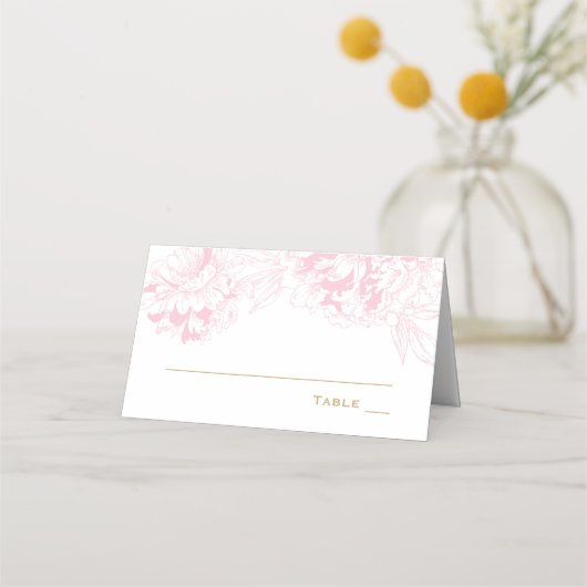 Elegante roze gouden bloemige pioen bruiloft plaatskaartje (Voorkant)