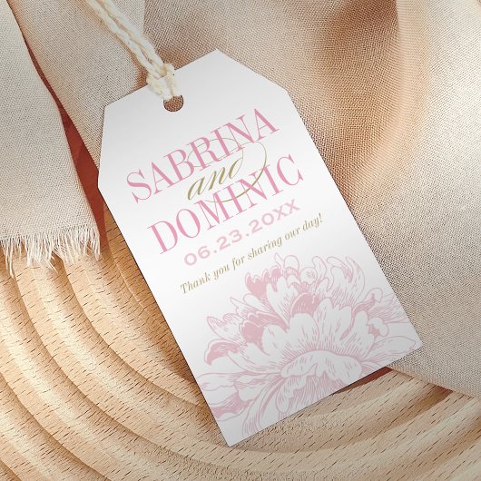 Elegante Roze Gouden Bloemige Pioen Trouwgunst Cadeaulabel