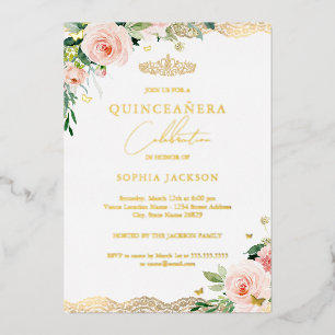 Elegante Roze Gouden Bloemrijke Kant Quinceanera F Folie Uitnodiging