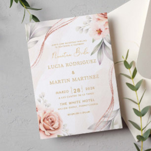 Elegante Roze Gouden Bloemstuk Nuestra Boda Kaart