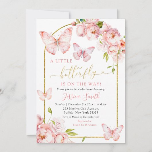 Elegante roze gouden bloemvlinder is onderweg kaart (Voorkant)