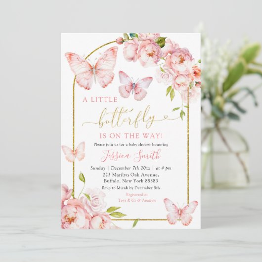 Elegante roze gouden bloemvlinder is onderweg kaart (Staand voorkant)