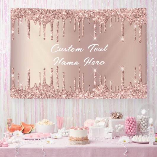 Elegante Roze Gouden Blush Drips Tekst Naambanner Spandoek (Feest)